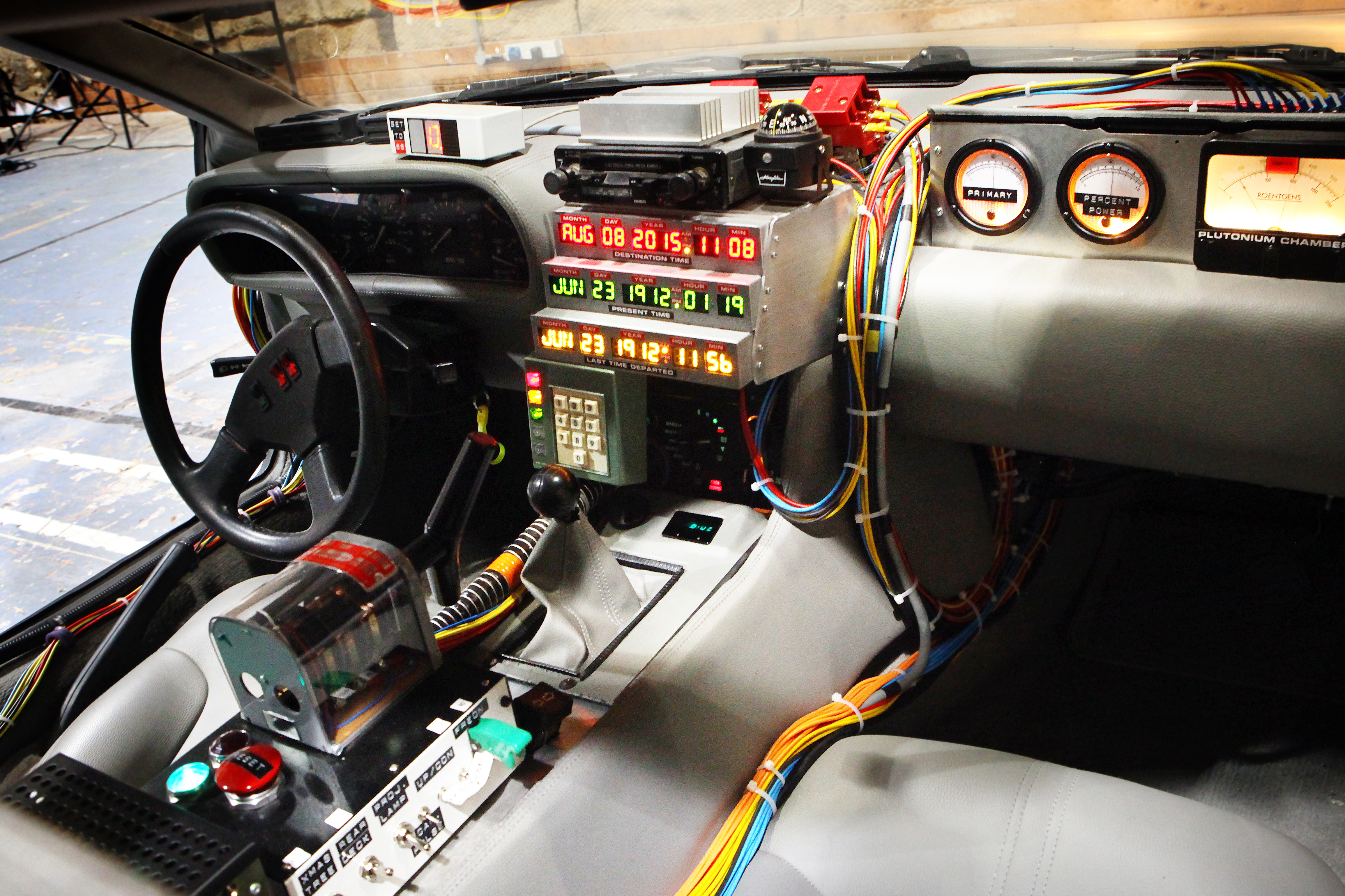DeLorean interior dashboard with time circuits