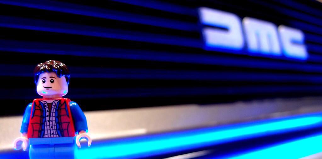 LEGO Marty McFly figure with DMC badge and blue neon glow