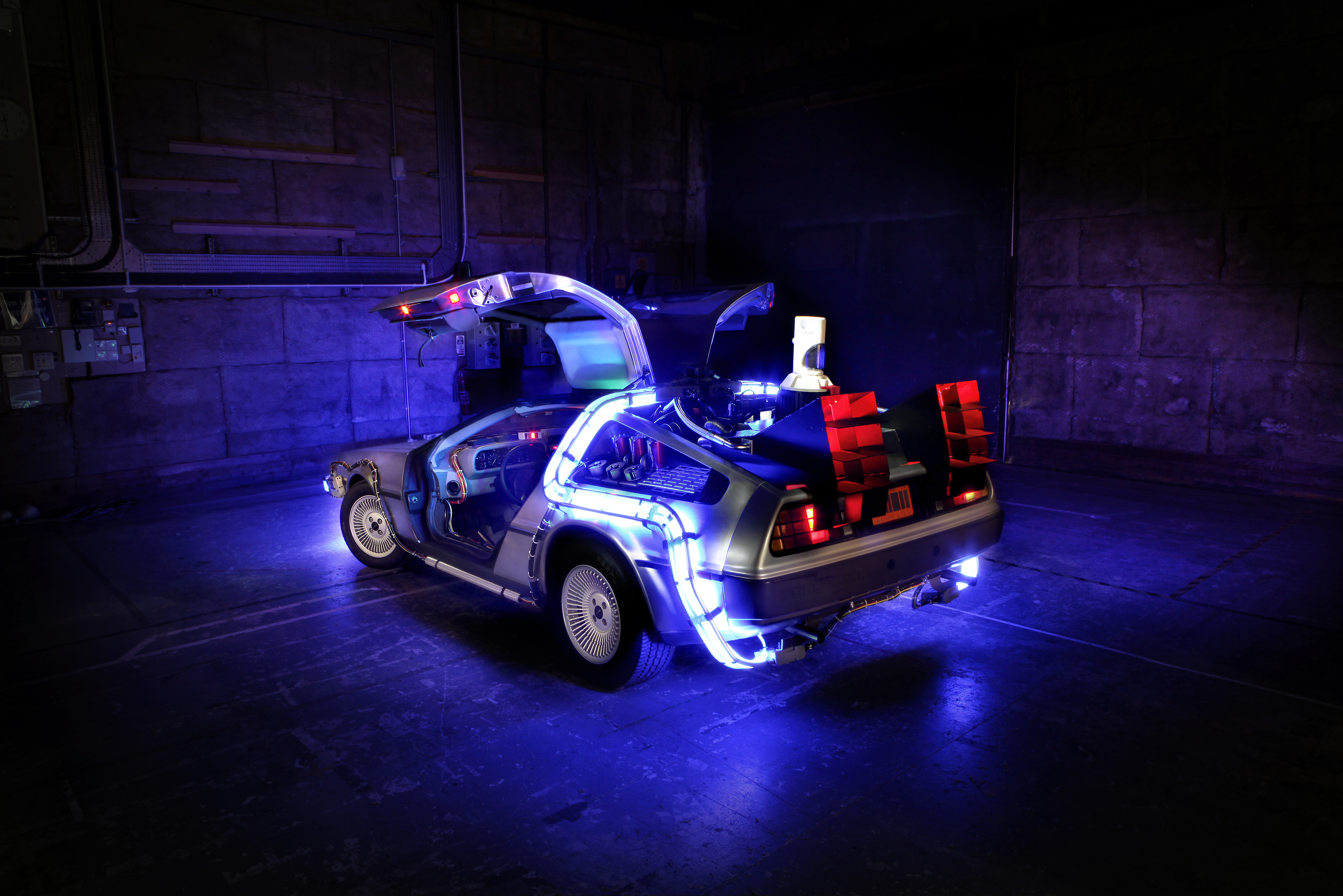 DeLorean rear quarter view showing Mr. Fusion