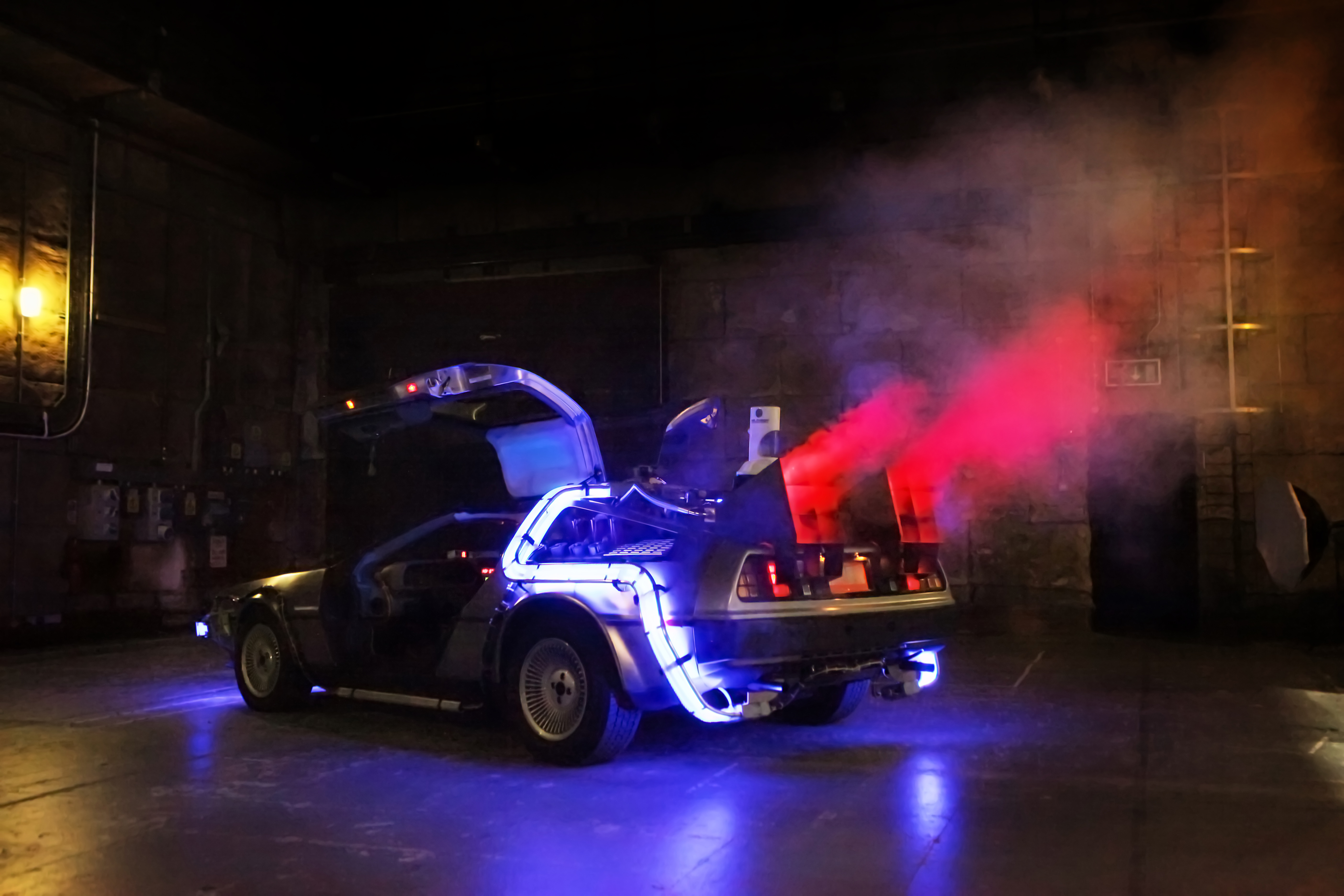 DeLorean rear view with smoke effect from exhaust